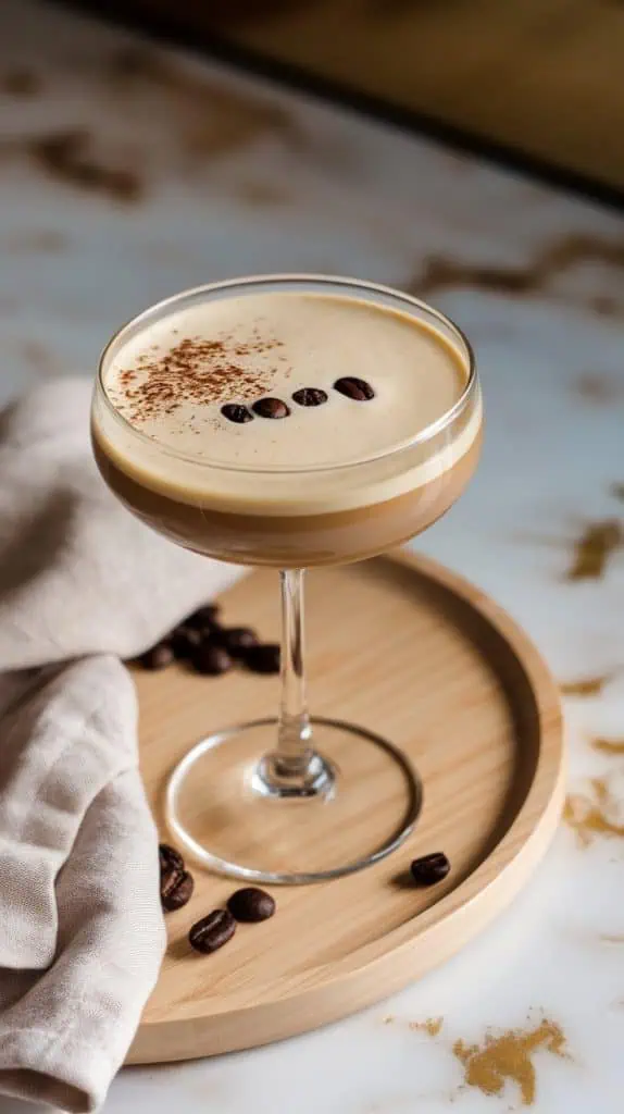 A creamy vanilla espresso martini in a martini glass, garnished with three coffee beans and a light dusting of cocoa powder on the foam.