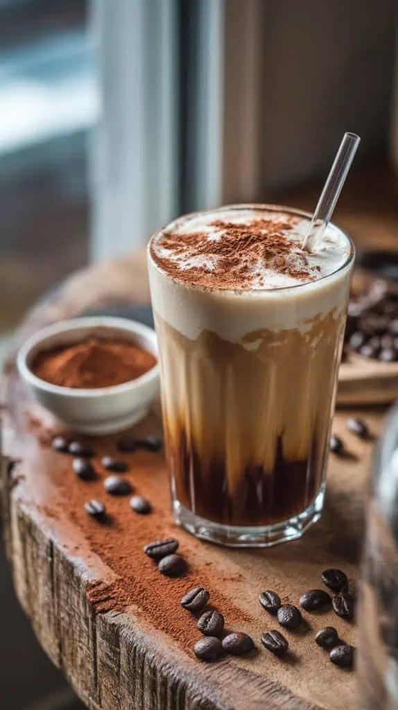 A finished glass of Irish Cream Cold Brew topped with frothy cream and a light dusting of cocoa powder, with a straw inserted and a small bowl of cocoa powder nearby.