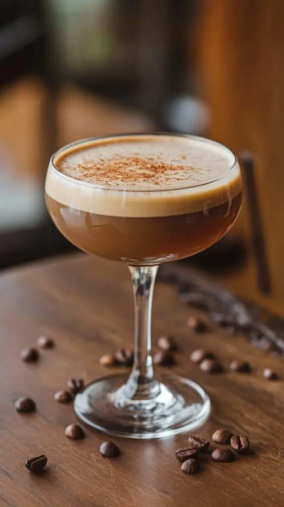 A finished Coffee Bourbon Flip in a coupe glass, topped with a frothy layer and a light dusting of nutmeg, set on a wooden table with a few coffee beans scattered around. 