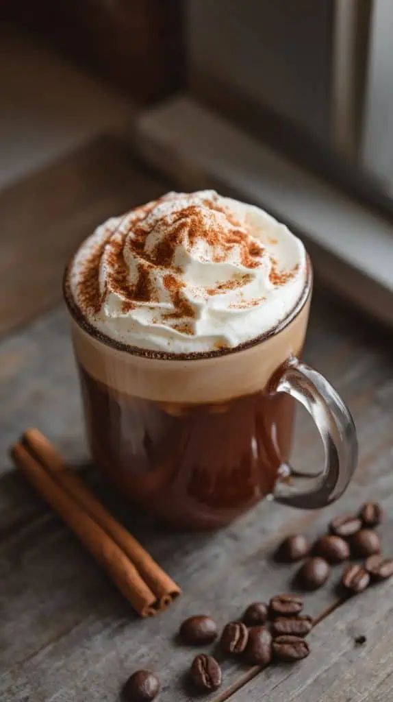 A finished mug of Spiced Rum Coffee topped with whipped cream and a dusting of cinnamon, set on a rustic wooden table with a cinnamon stick and coffee beans scattered nearby. 
