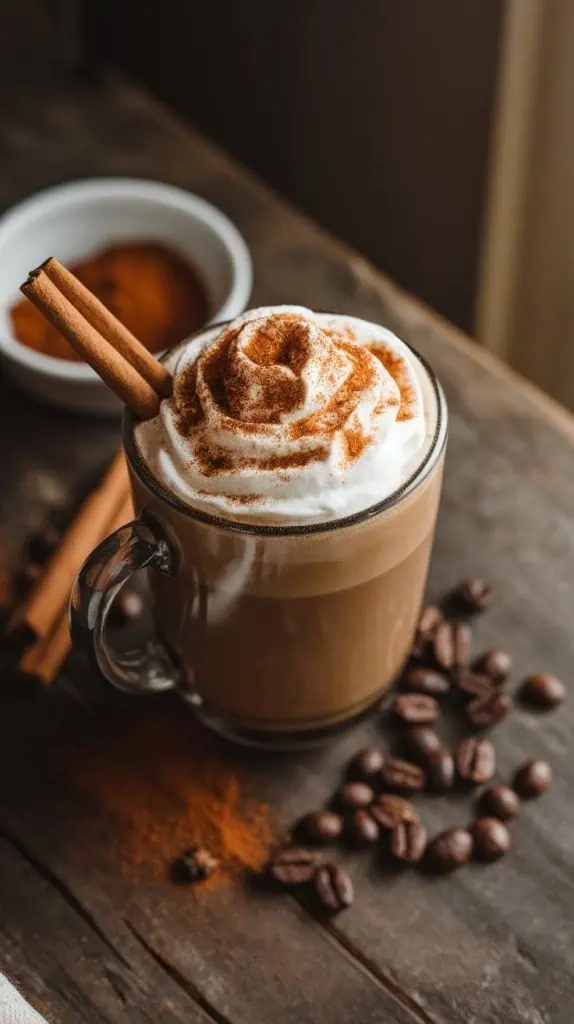 A finished mug of Mexican Coffee topped with whipped cream and a dusting of cinnamon, with a cinnamon stick resting inside the mug. 