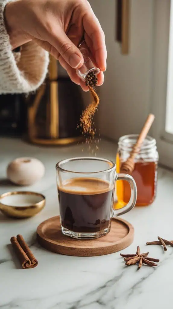 A hand sprinkling ground cinnamon and cloves into a glass mug with espresso, with a honey jar and cinnamon stick nearby