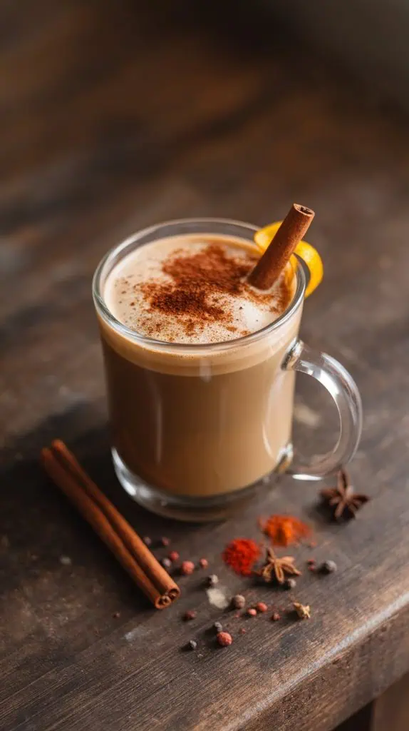 A finished Spiced Americano in a clear glass mug, garnished with a cinnamon stick and a twist of orange peel, surrounded by scattered spices on a rustic wooden table. 