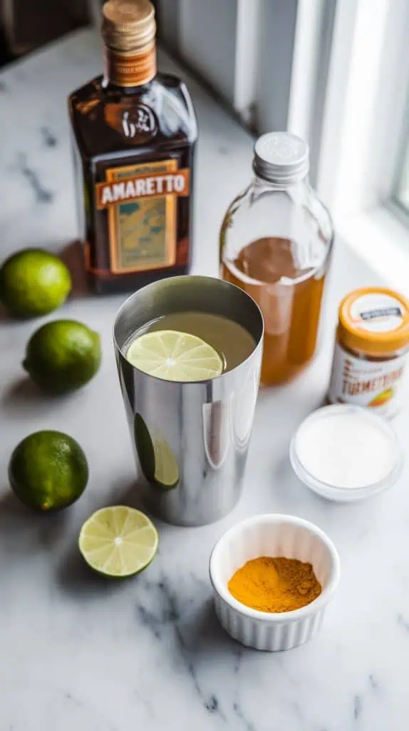 A cocktail shaker being held and shaken vigorously, filled with amaretto, lemon juice, simple syrup, turmeric, and egg white. 