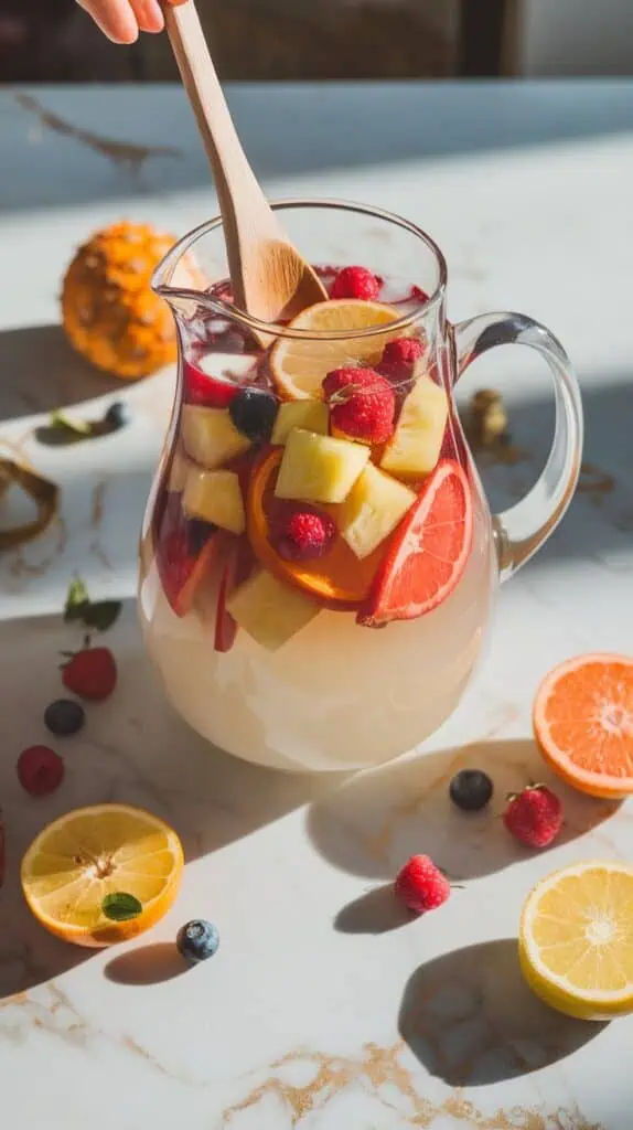 A large pitcher of white sangria filled with citrus slices, berries, and diced pineapple, being stirred with a wooden spoon.