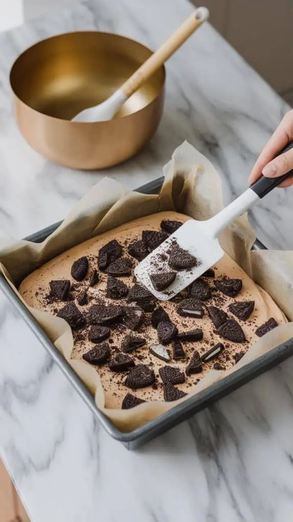 An 8x8 baking pan lined with parchment paper, filled with cookies and cream fudge being spread evenly with a spatula. 