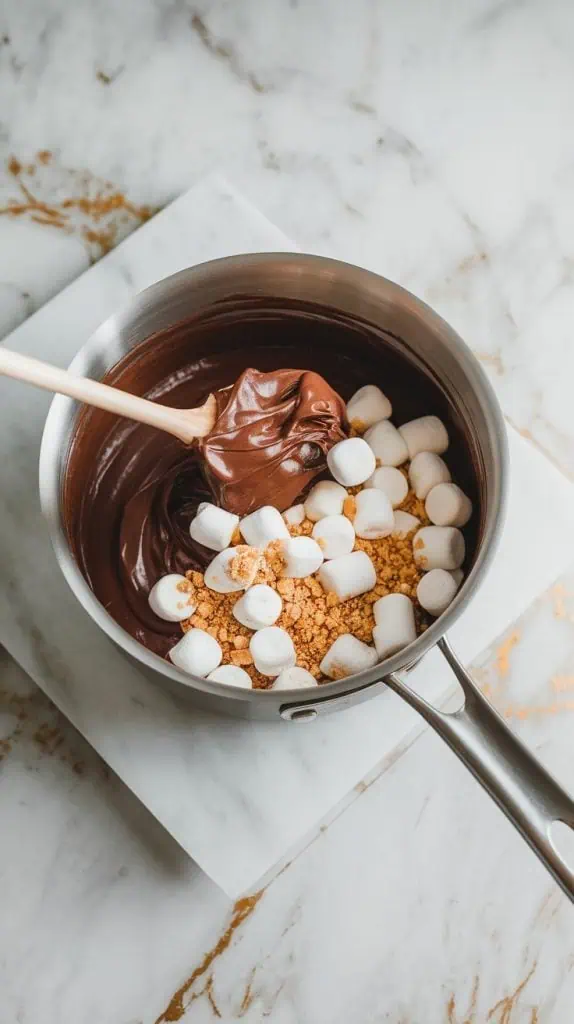 A saucepan off the heat with smooth chocolate fudge mixture being folded together with mini marshmallows and crushed graham crackers