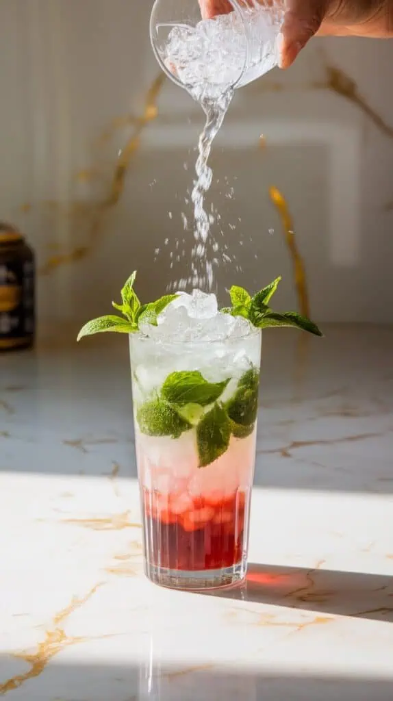 A tall glass being filled with crushed ice and topped with club soda, creating a layered red and clear mojito