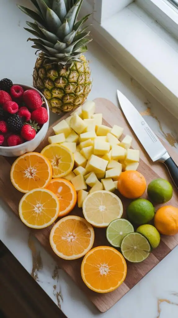 A wooden cutting board with freshly sliced oranges, lemons, and limes, next to diced pineapple and a bowl of berries