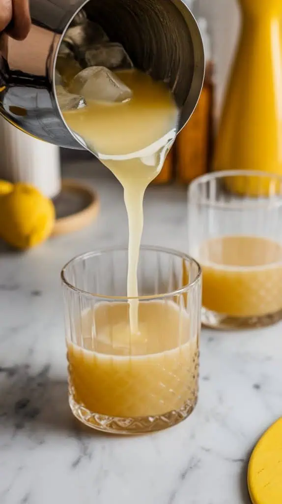 A cocktail shaker with ice cubes being shaken to chill the golden amaretto sour mixture. The shaker is slightly frosty.