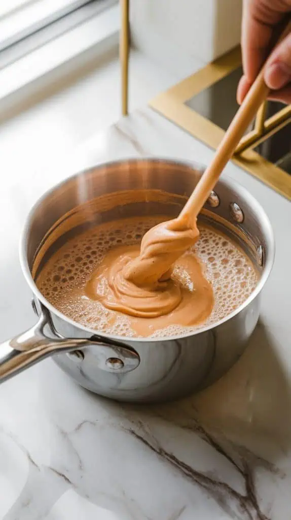 A medium saucepan off the heat with peanut butter and vanilla extract being stirred into the bubbling sugar and milk mixture, creating a smooth and creamy texture. 