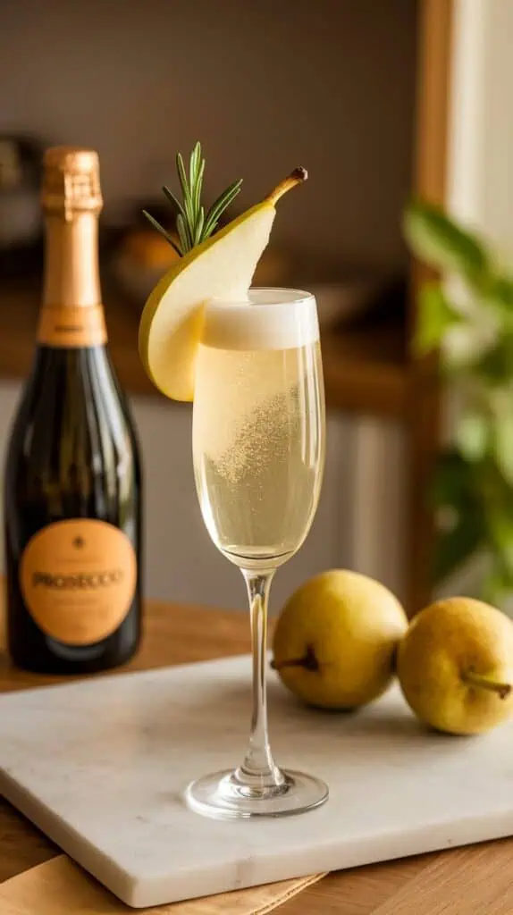 A finished pear Prosecco cocktail in a champagne flute, garnished with a slice of pear and a sprig of rosemary.