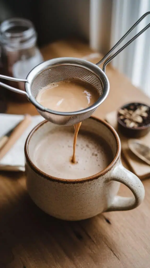 A creamy chai latte being strained into a ceramic mug through a small metal strainer, with spices and a napkin nearby on a wooden table. 