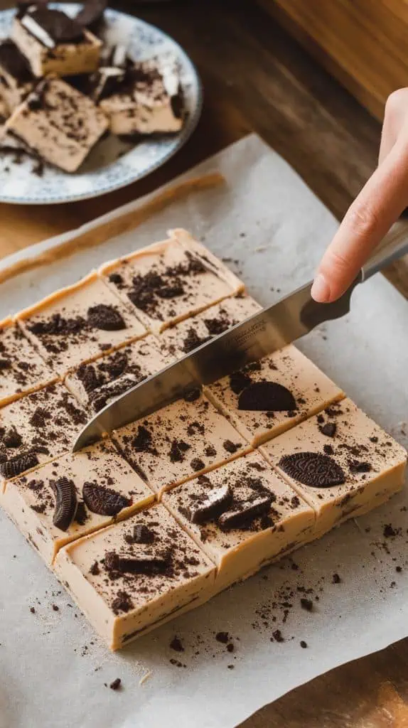 A batch of cookies and cream fudge on parchment paper being cut into neat square pieces with a knife