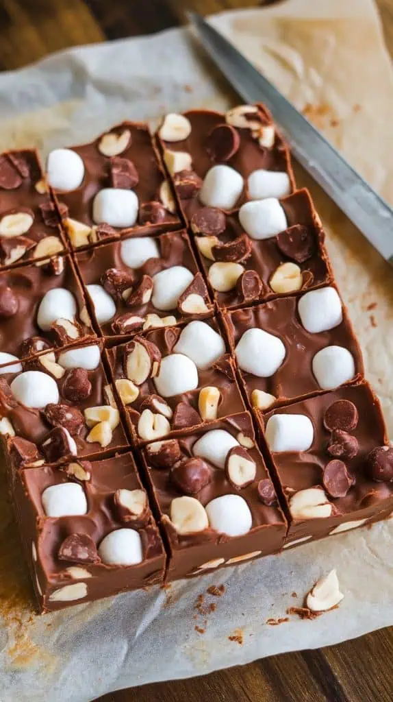  batch of rocky road fudge on parchment paper being cut into neat square pieces with a knife. The fudge has visible marshmallows, nuts, and chocolate chunks throughout