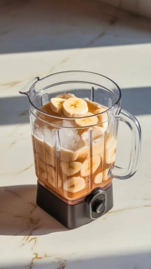 A blender filled with frozen banana slices, white rum, simple syrup, and ice