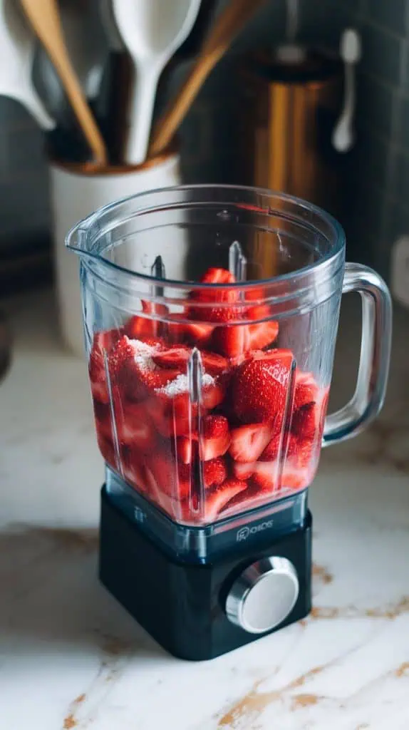 Blender jar filled with bright red strawberry daiquiri mixture, ice cubes being added in