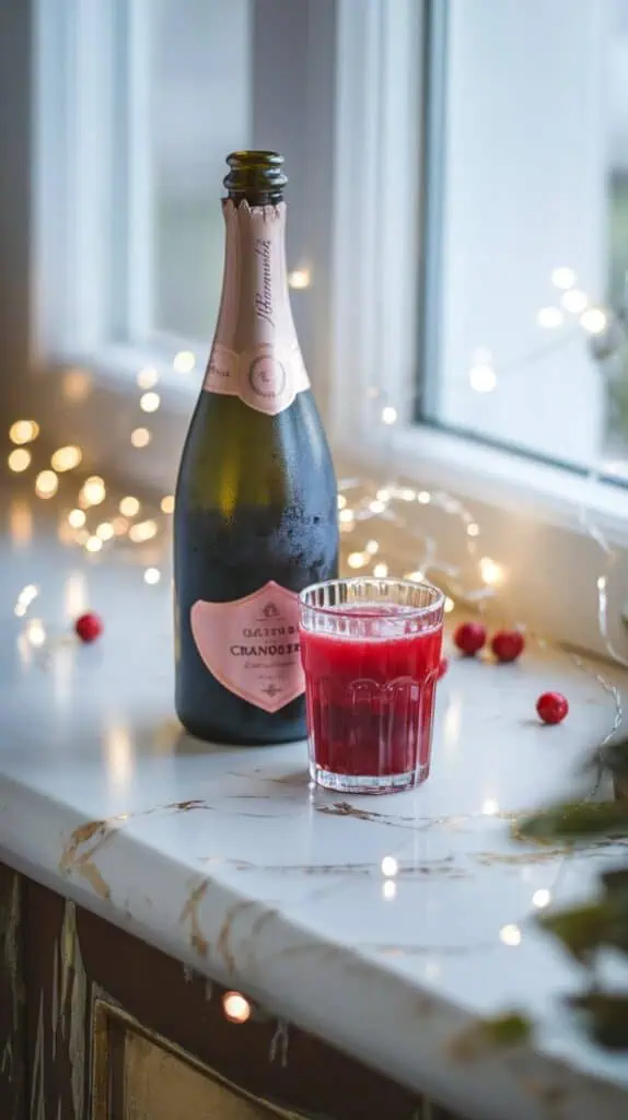 A bottle of champagne and a small glass of cranberry juice sitting on a white marble counter with hints of gold, with frost on the bottle indicating they are chilled.