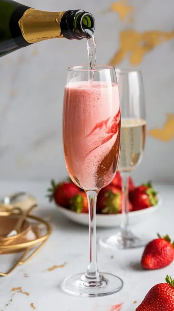 A champagne flute being filled with bubbly champagne poured over strawberry puree, creating a pink swirl in the glass. 