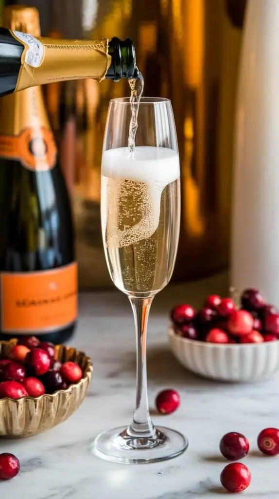 A champagne flute being filled halfway with bubbly champagne, with bubbles rising to the surface.