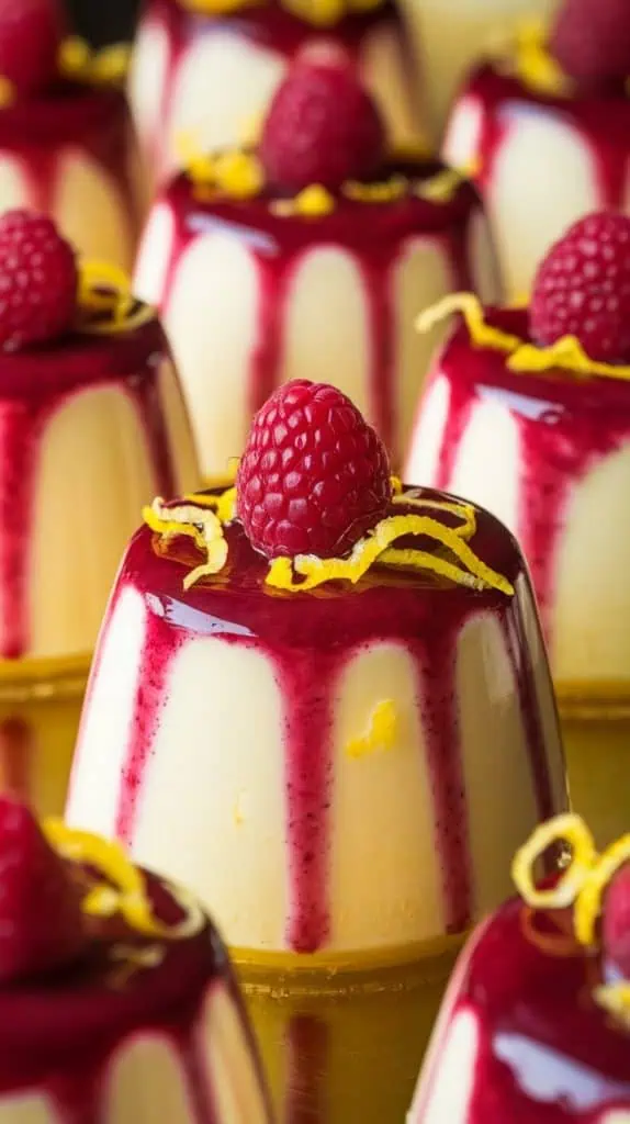 a chilled Meyer Lemon Pot de Crème topped with vibrant raspberry sauce and lemon zest
