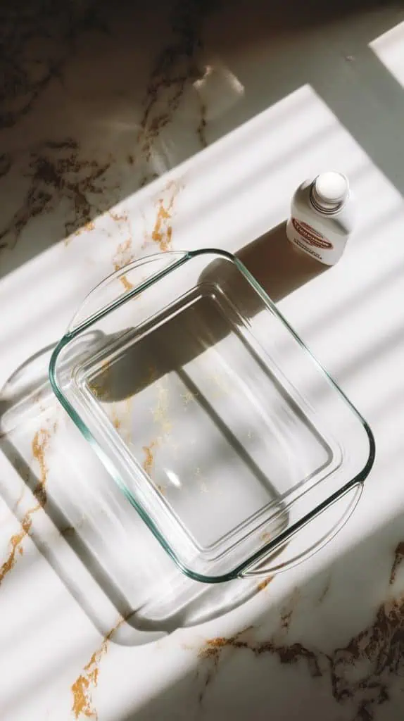 A clean 8x8-inch glass baking dish on a white marble counter with hints of gold