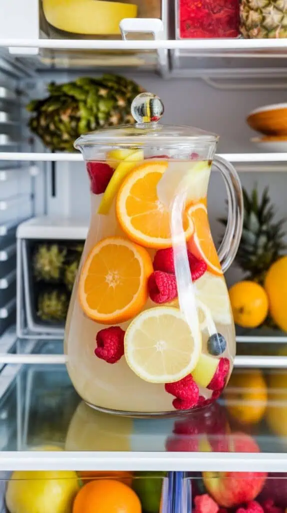 A clear glass pitcher of white sangria covered and chilling in a modern refrigerator. The pitcher is filled with colorful fruit and wine