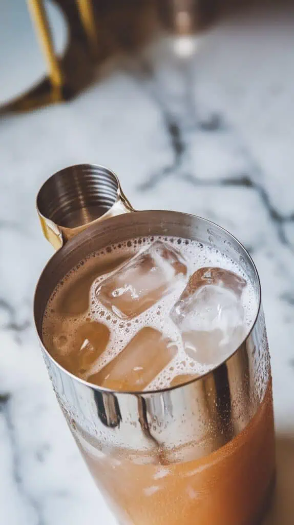 A cocktail shaker filled with ice cubes and frothy cocktail mixture being shaken. Condensation forms on the shaker