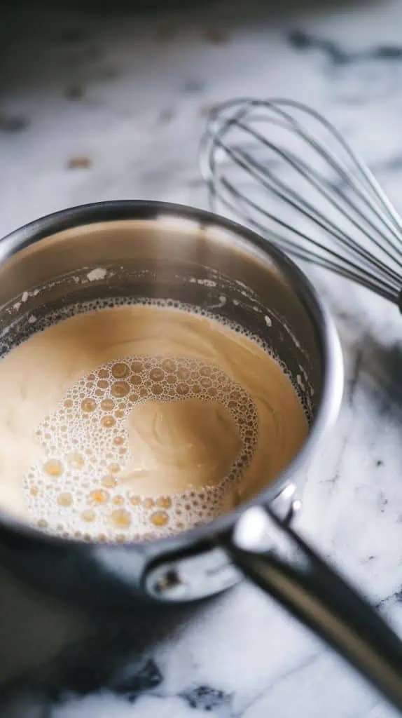a small saucepan with cream and sugar gently heating, with tiny bubbles forming along the edges