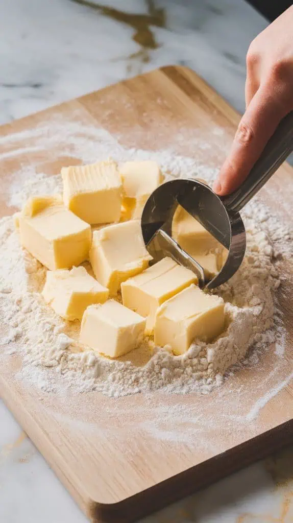 cold butter chunks being cut into flour with a pastry cutter on a light brown wooden cutting board