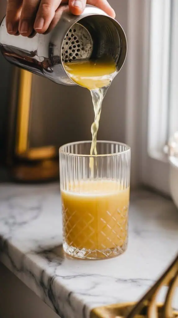 A cocktail shaker being held and shaken vigorously, with gin, lemon juice, simple syrup, turmeric, and egg white inside. 