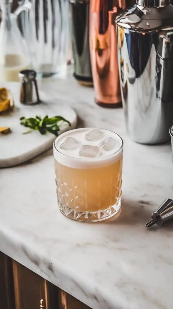 A golden amaretto sour being strained into a rocks glass over ice, with a frothy foam forming on top.