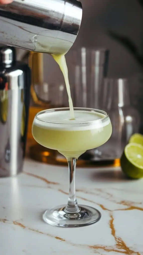 A coupe glass being filled with a frothy pale green Lime Coconut Daiquiri from a shaker