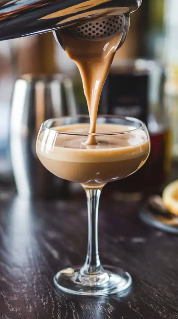 A creamy Coffee Bourbon Flip being strained from a shaker into a coupe glass, with a napkin and nutmeg grater nearby on a dark wooden table.