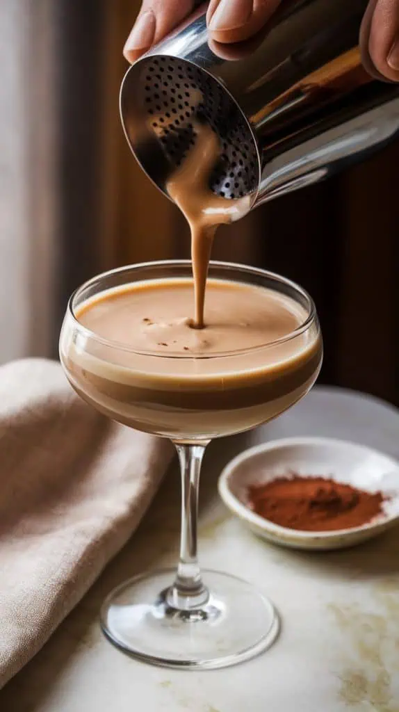 A creamy Tiramisu Coffee Martini being strained into a sleek martini glass from a cocktail shaker, with a linen napkin and small cocoa powder dish nearby. 
