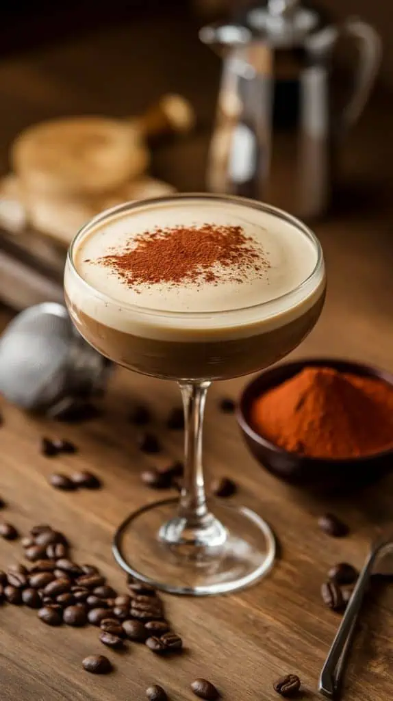 A hand dusting cocoa powder over a creamy Tiramisu Coffee Martini in a martini glass, with coffee beans, a sifter, and a bowl of cocoa powder nearby on a wooden table.