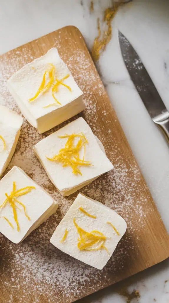  a cutting board lightly dusted with powdered sugar, featuring soft marshmallow squares with a sprinkling of lemon zest on top