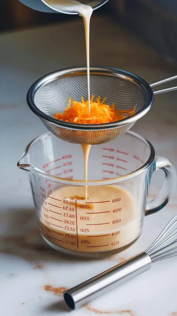 A fine-mesh strainer placed over a glass measuring cup with the Orange Creamsicle creamer being poured through