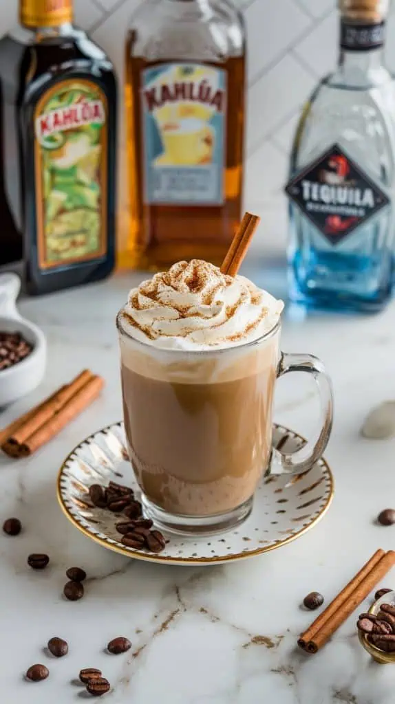 A finished mug of Mexican coffee with whipped cream, a sprinkle of cinnamon, and a cinnamon stick garnish.