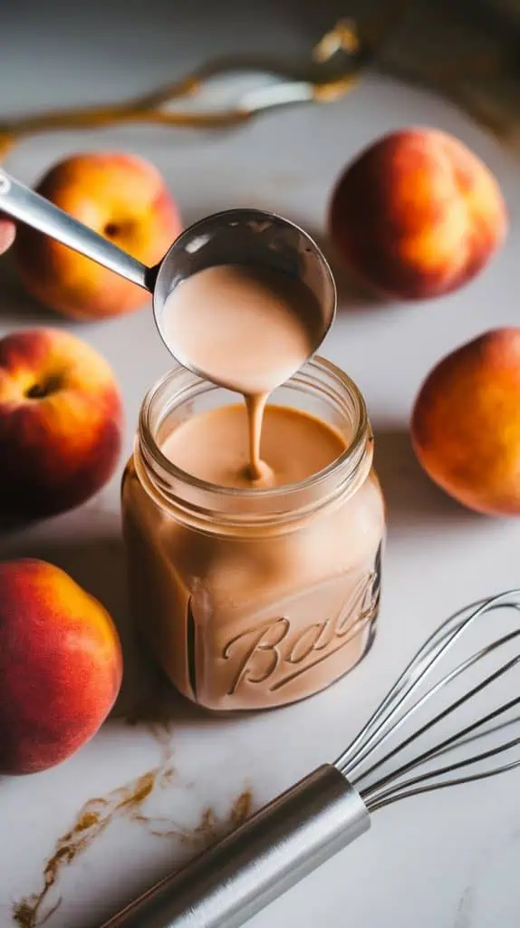 A glass jar being filled with peach cobbler coffee creamer using a small ladle,