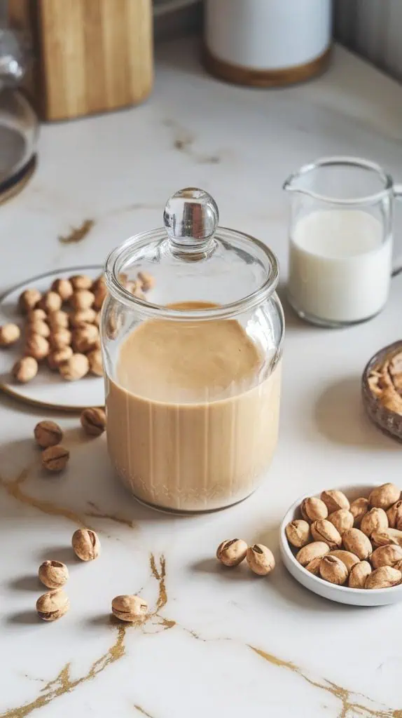 a glass jar filled with light caramel-colored pistachio coffee creamer