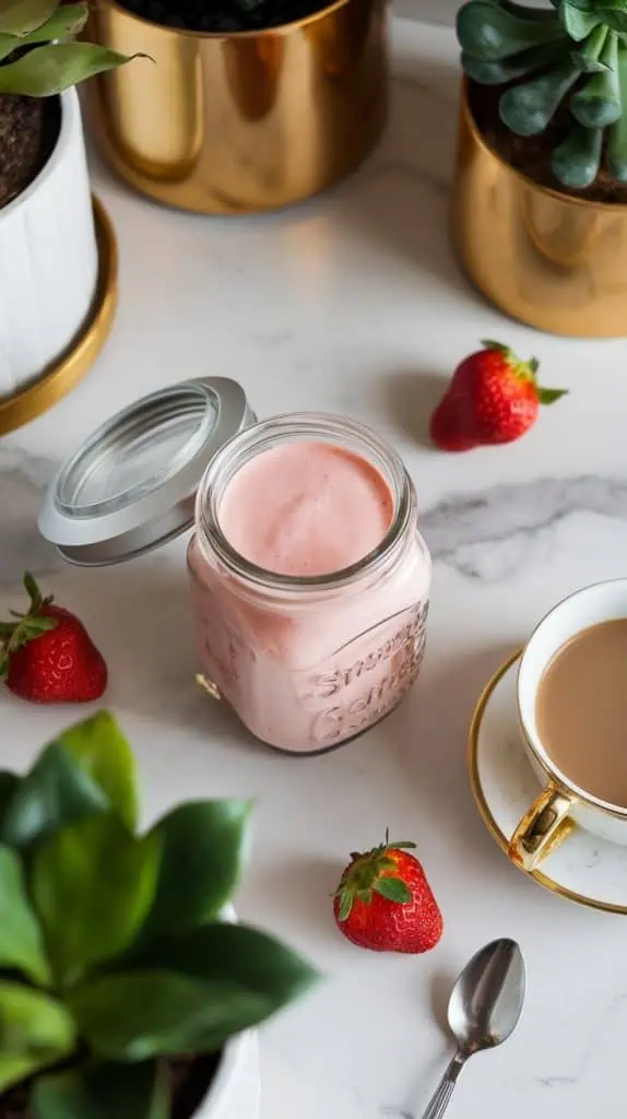 A glass jar filled with strawberry shortcake coffee creamer