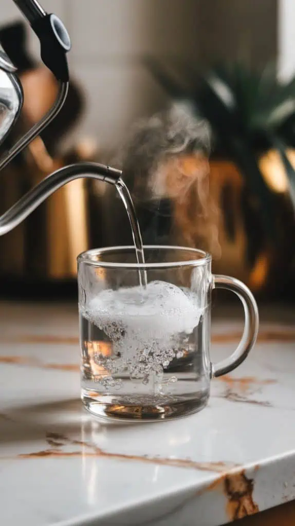 A glass mug being warmed with steaming hot water being poured into it from a kettle, on a white marble counter with hints of gold.