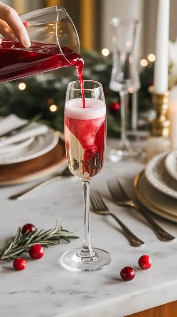 Cranberry juice being poured into a champagne flute filled halfway with champagne, creating a beautiful red ombre effect