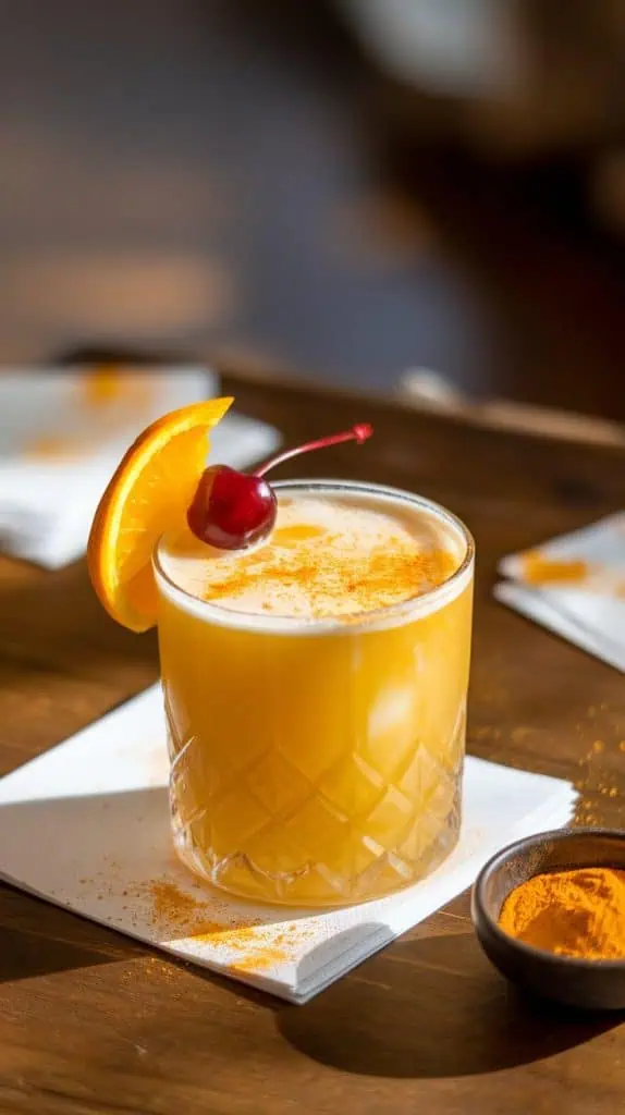 A finished golden amaretto sour in a rocks glass, frothy and golden, garnished with an orange slice and a cherry, lightly dusted with turmeric. 