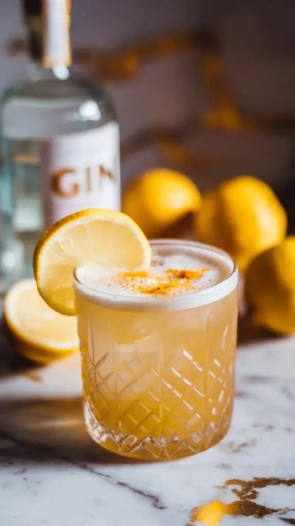 A finished Golden Gin Fizz in a rocks glass, frothy and golden, garnished with a lemon slice and a dusting of turmeric. 