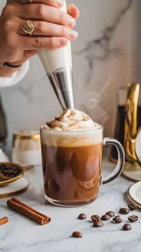 A hand piping whipped cream onto a steaming Spiced Rum Coffee in a clear glass mug, with cinnamon sticks and coffee beans nearby