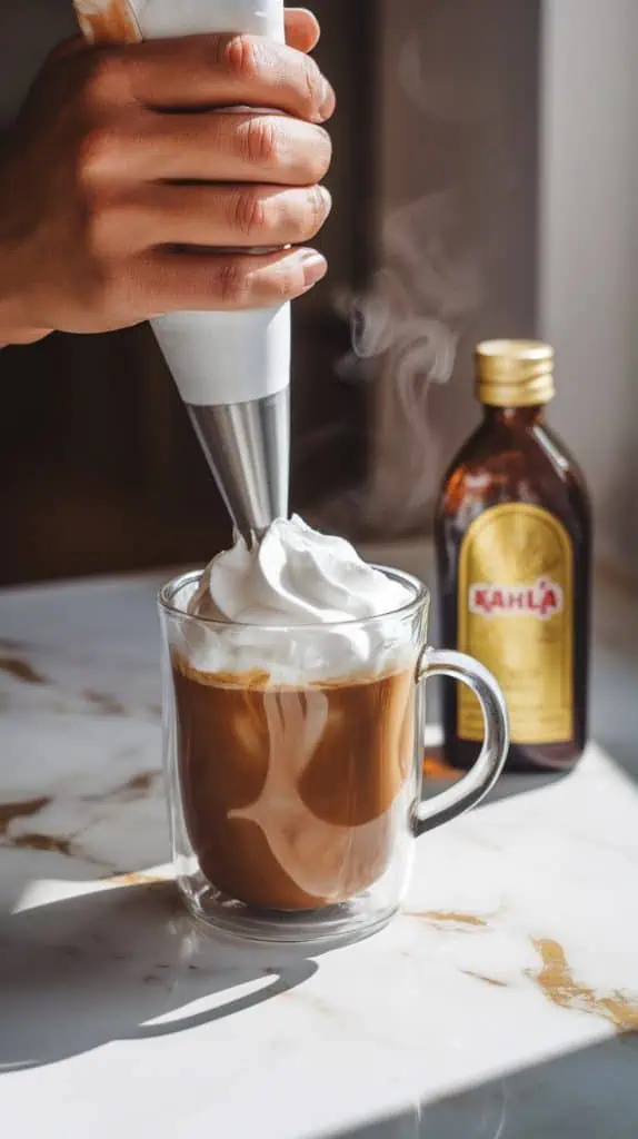 A hand piping whipped cream onto a steaming Mexican Coffee in a clear glass mug, with cinnamon sticks and a bottle of Kahlúa nearby.