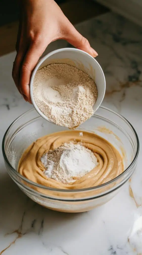A small bowl containing well-combined dry ingredients (flour, baking soda, baking powder, salt) is tilted naturally and being held with a hand, with the mixture gently pouring into a larger bowl holding the already well-combined creamy and smooth cookie batter