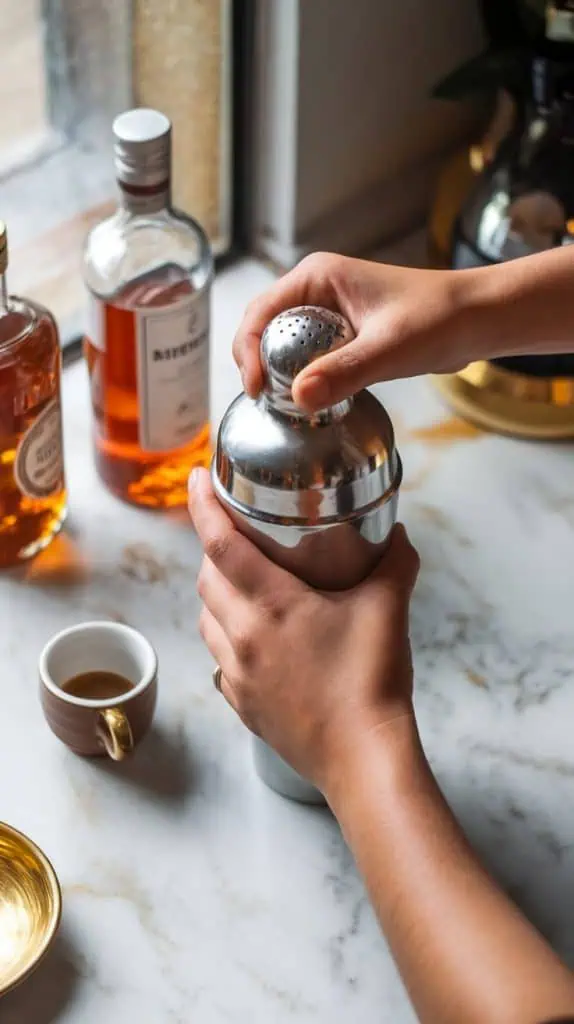 A creamy Tiramisu Coffee Martini being strained into a sleek martini glass from a cocktail shaker, with a linen napkin and small cocoa powder dish nearby. 